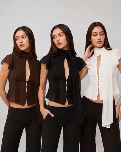 Blusa Chiffon Gola Lenço com Botões