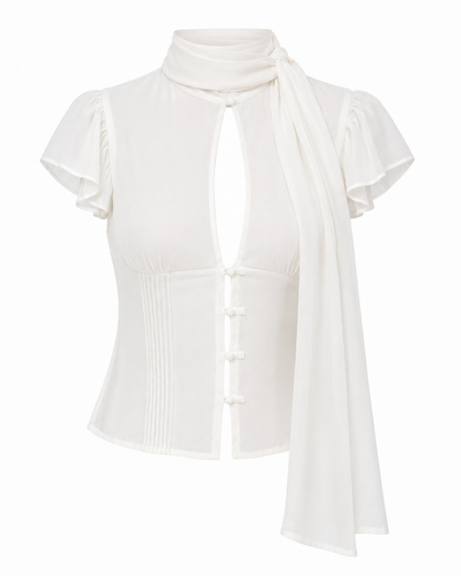 Blusa Chiffon Gola Lenço com Botões